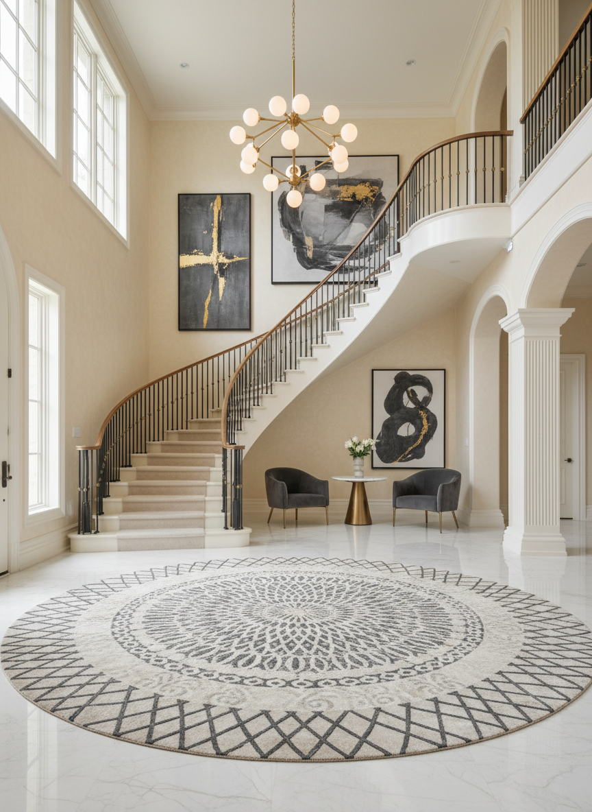 Luxury home grand entryway and staircase in warm ivory and charcoal tones