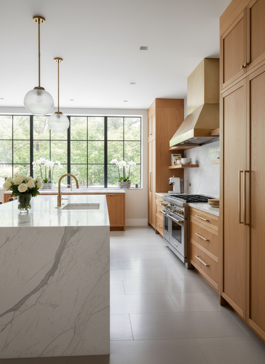 Elegant modern gourmet kitchen with marble island and brass fixtures